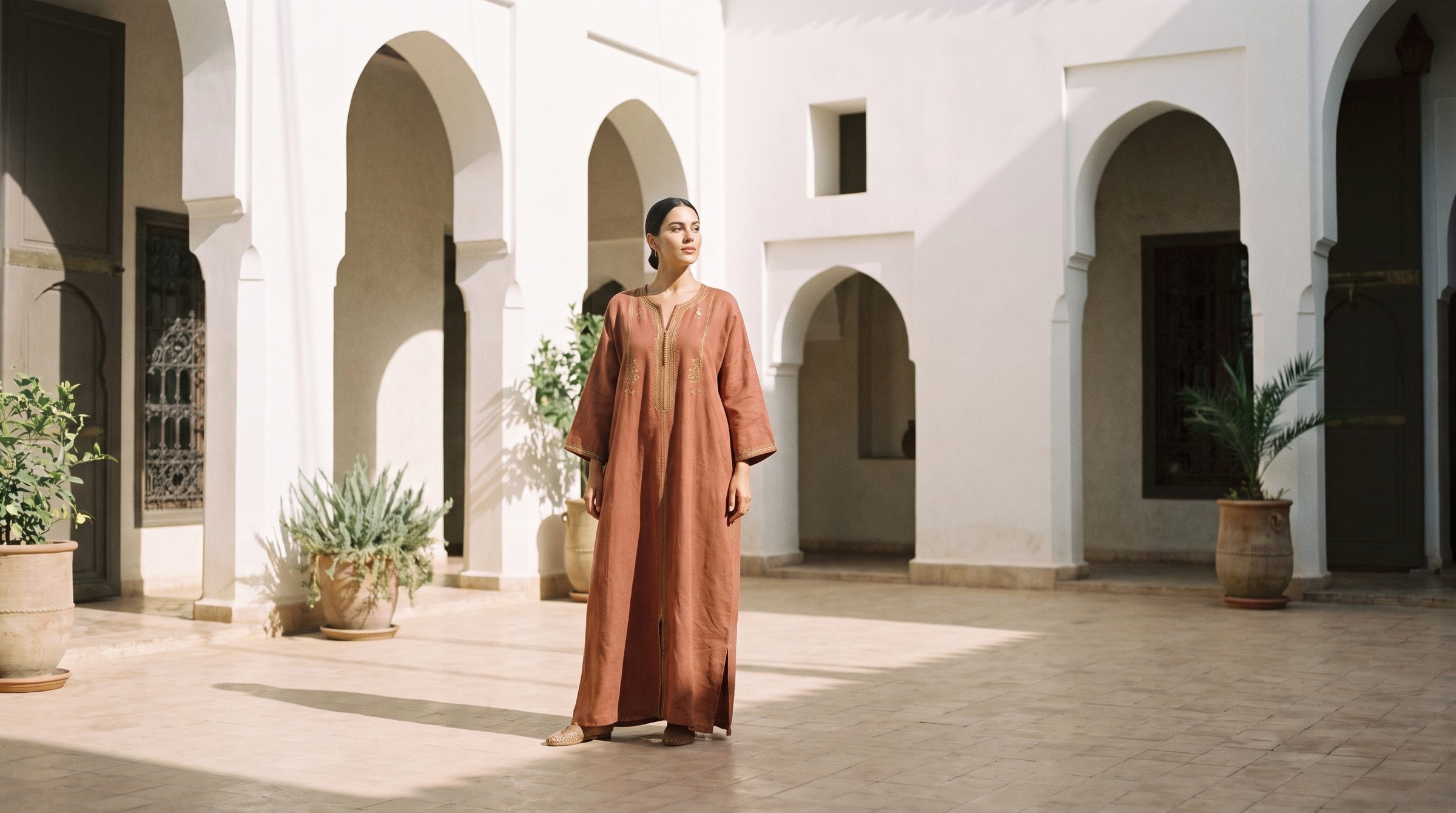 Modella con kaftano marocchino terracotta in uno spazio architettonico luminoso