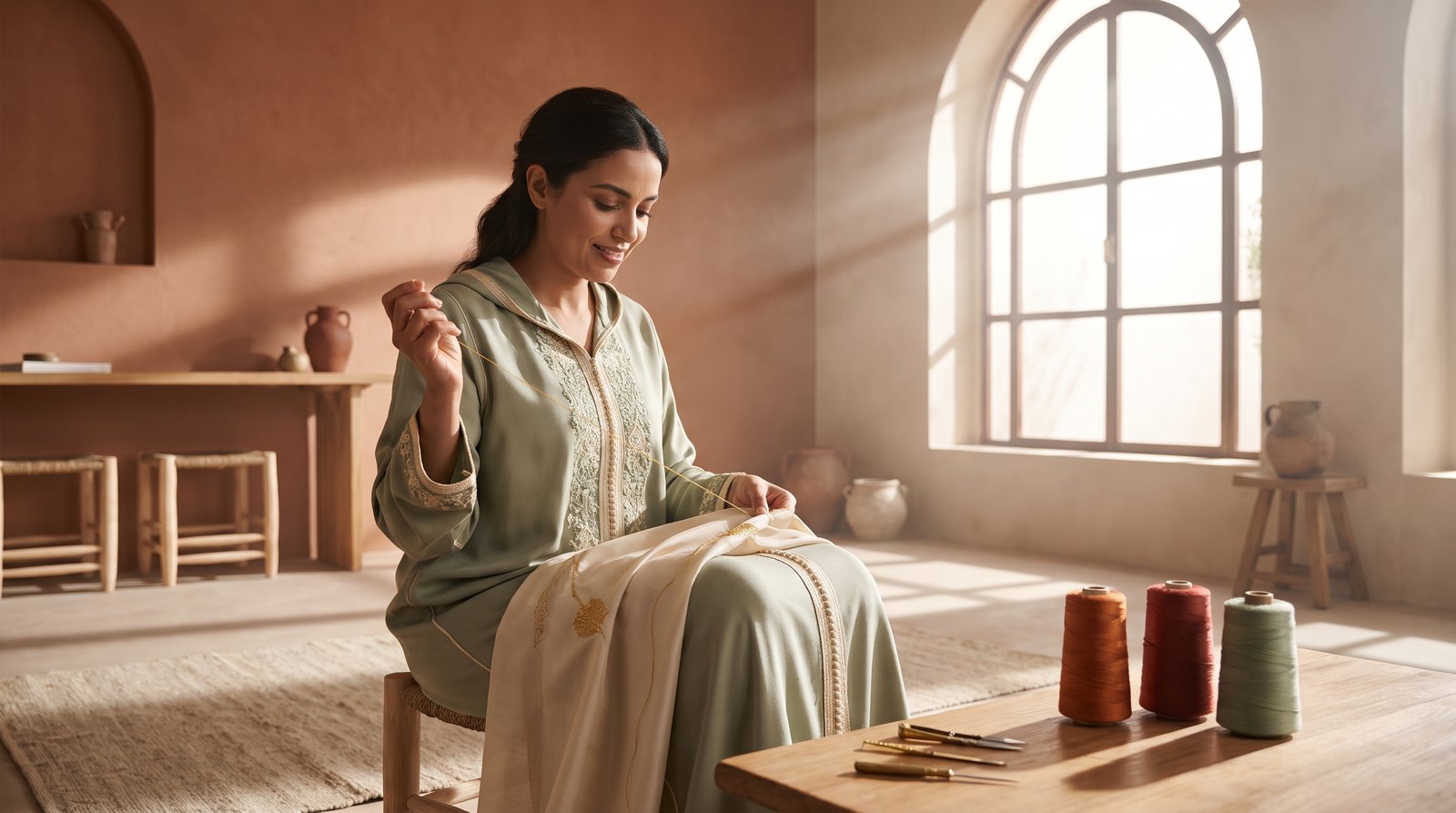 Artigiana marocchina che cuce a mano un abito tradizionale in un atelier illuminato dal sole